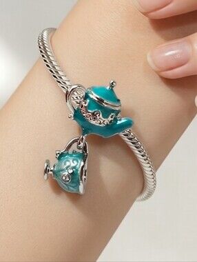 Teal Teapot Teacup Charm Alice Wonderland Tea Party Bracelet Dangle Charm
